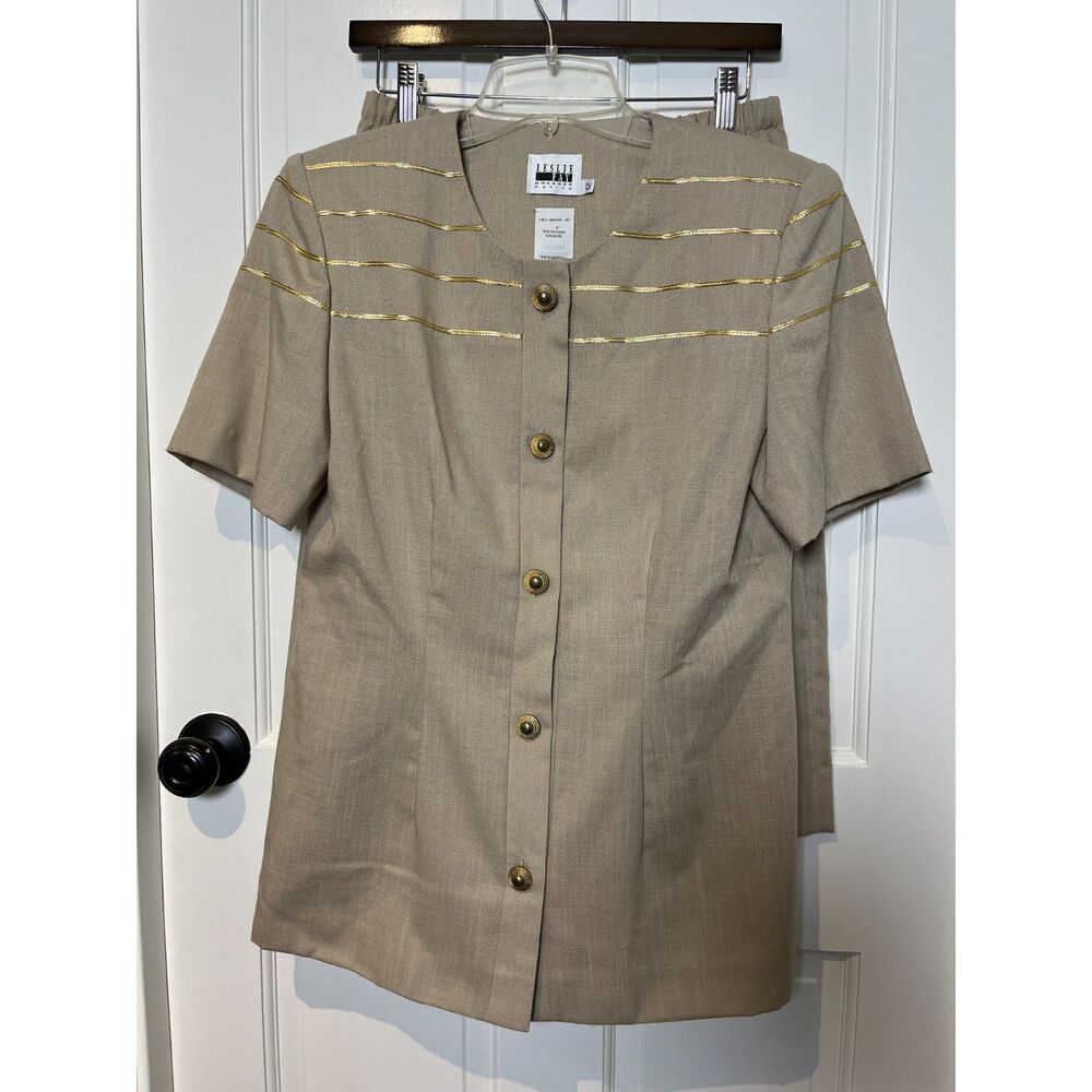 Vintage 90s Leslie Fay Petite 12 Skirt Suit Gold Trim NOS Deadstock